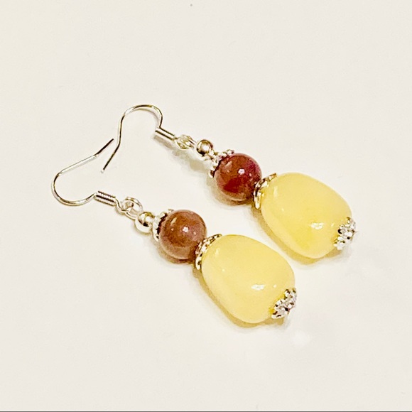 Light Yellow Jadeite & Brown Indian Agate Stone Drop Boho Style Earrings - Picture 3 of 9